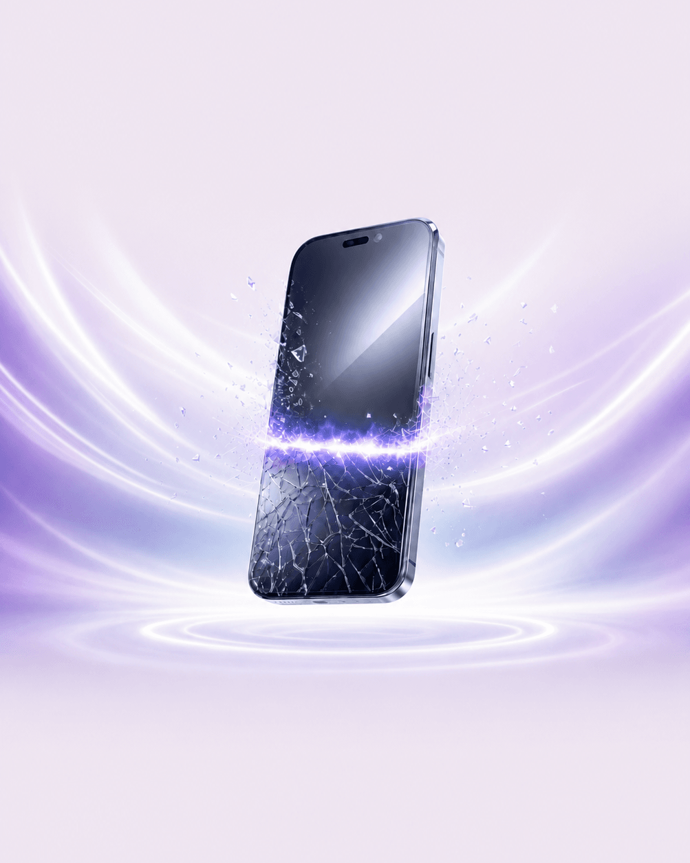 Smartphone en cours de réparation : moitié fissurée, moitié réparée, balayé par un front de lumière violette