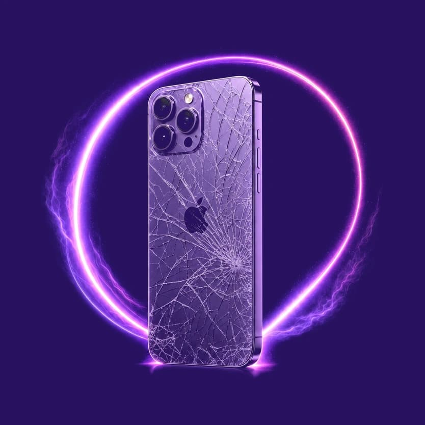 Rachat de smartphone : un iPhone violet a l'ecran arriere brise, mis en valeur par un anneau de lumiere neon